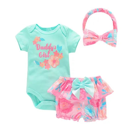 Cute Fashion 3-Piece Baby Girl Clothing Set For Newborn Bodysuits Short Pants Hairband