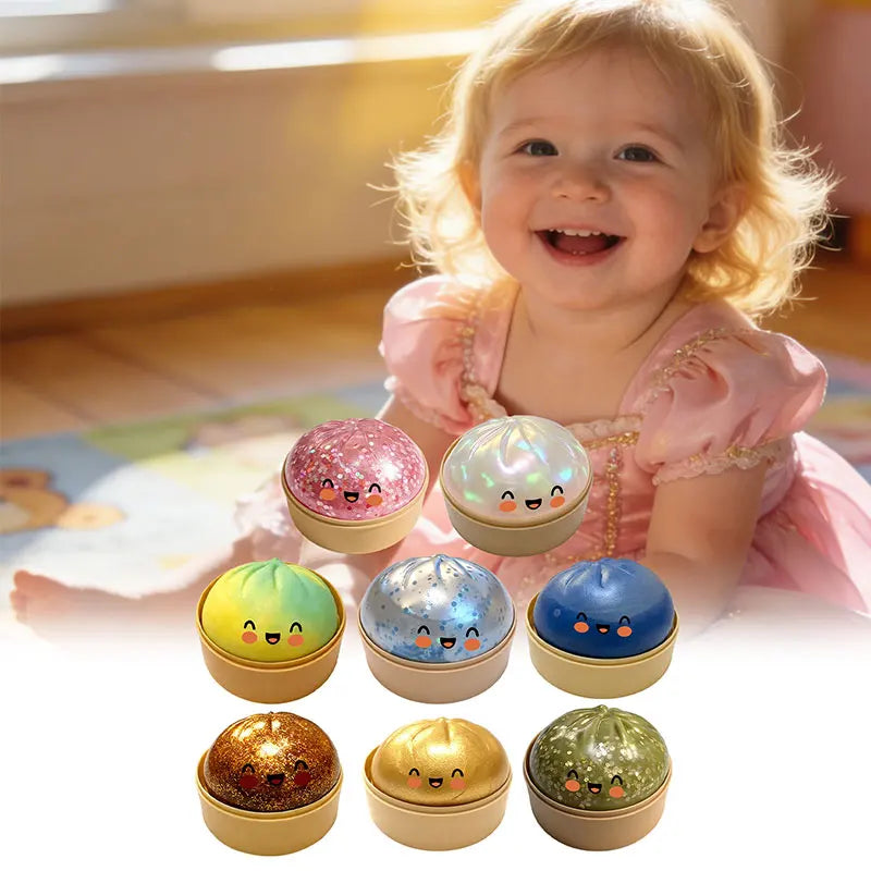 Cute Bao Bun Dumpling Squishy Slime Stress Relief Toys Non-Stick Clear Glitter Slime Stress Ball Fidget Toy for Kids Party Favor