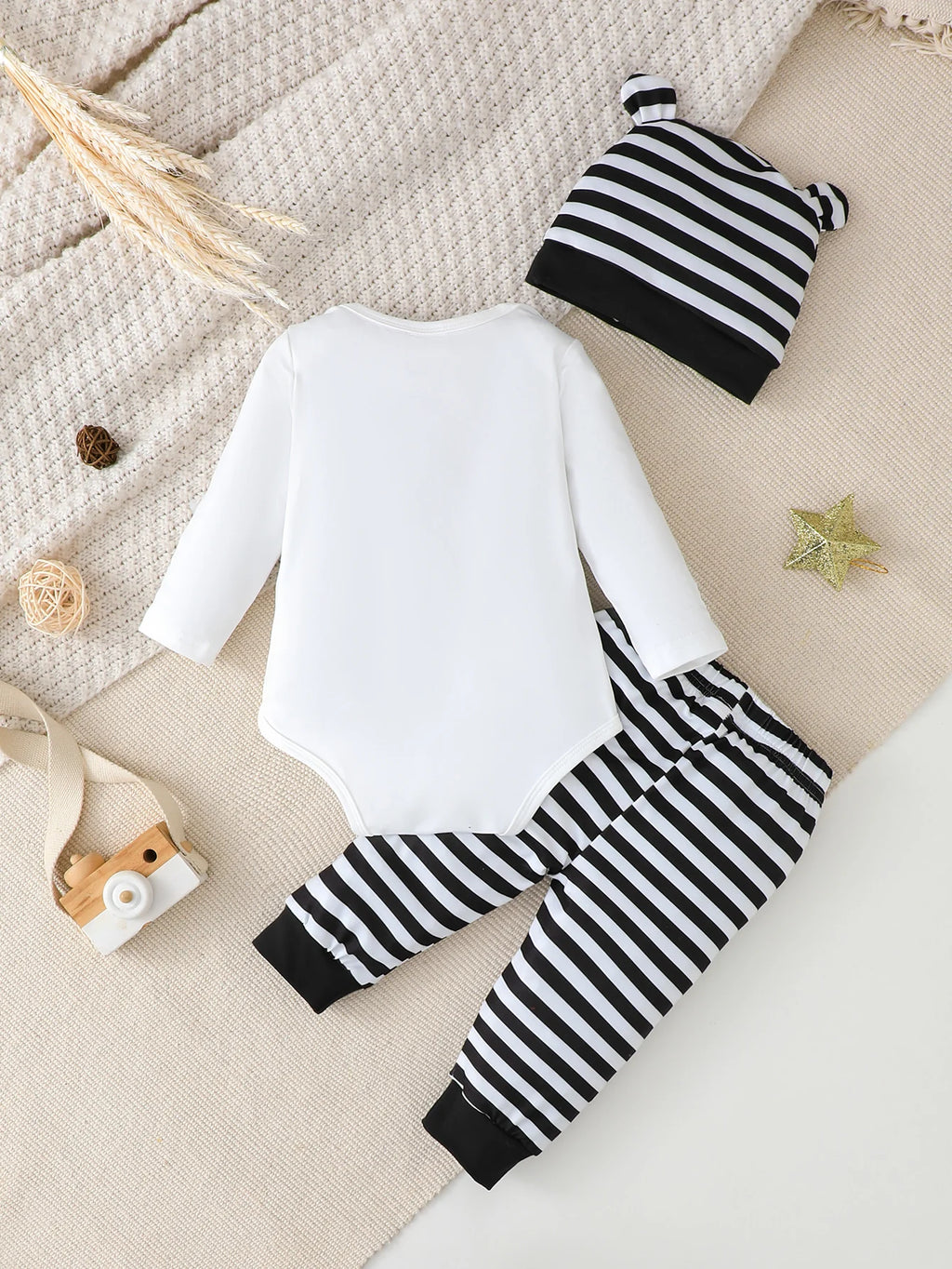 3Pcs Newborn Boy Baby Set Round Neck Digitally Printed Onesie + Black Striped Pants + Hat Set for 0-18 Months boy Baby Set