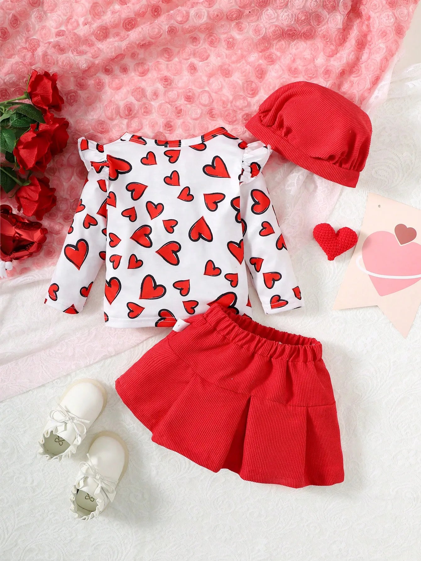 3Pcs Baby girl Set Heart Printed Bodysuit+Red Bow Skirt+Hat Set for 0-3 Year old Baby Girls' Spring and Autumn Fashion Clothes