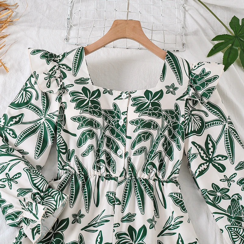 Teen Girls Botanical Print Jumpsuit, Back Big Bow Flared Cuff High Waist Loose Straight Long Casual Playsuit