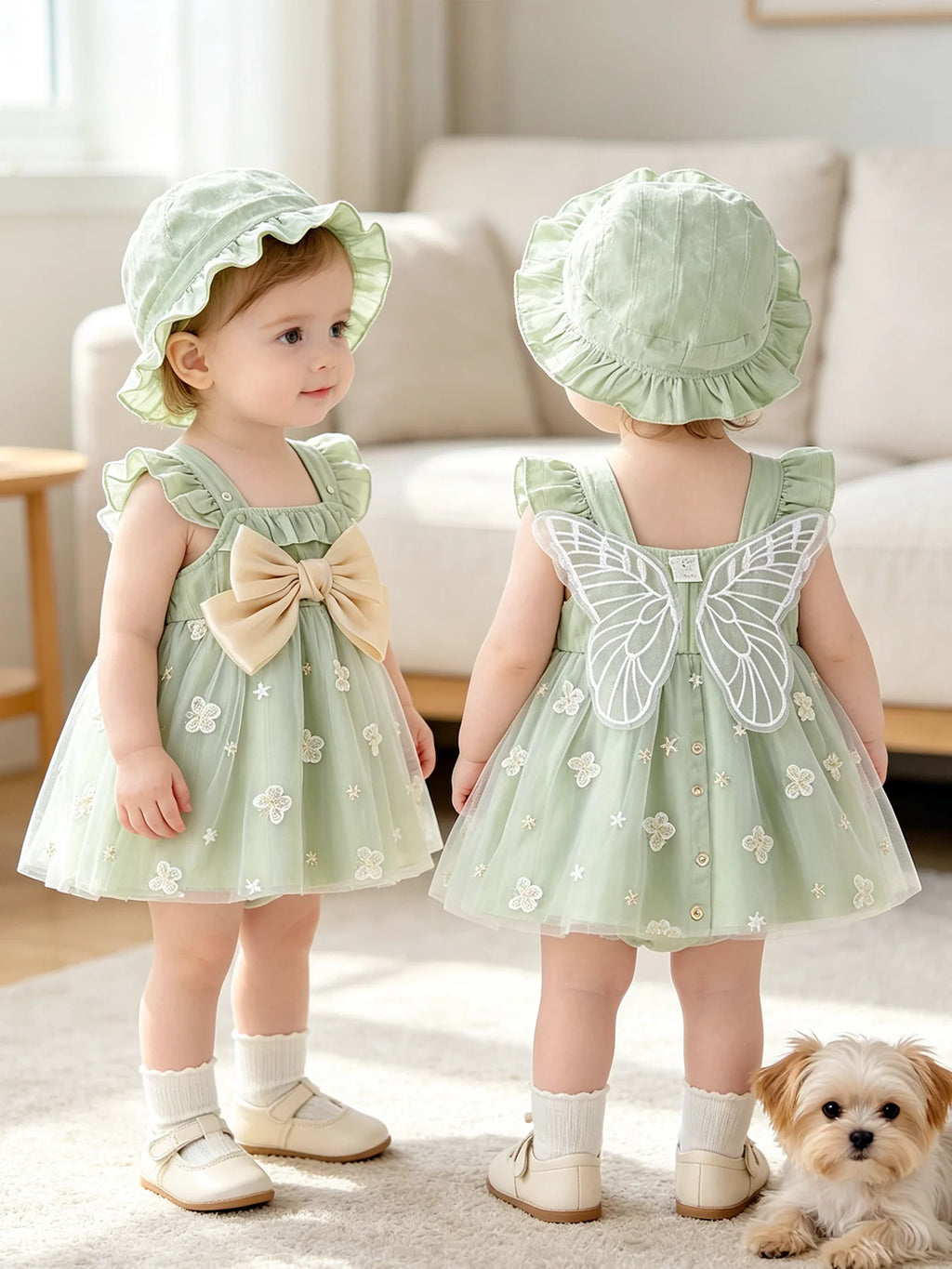 Baby girl bow green flying sleeve mesh fresh girl suspender princess dress two-piece set spring and summer dress