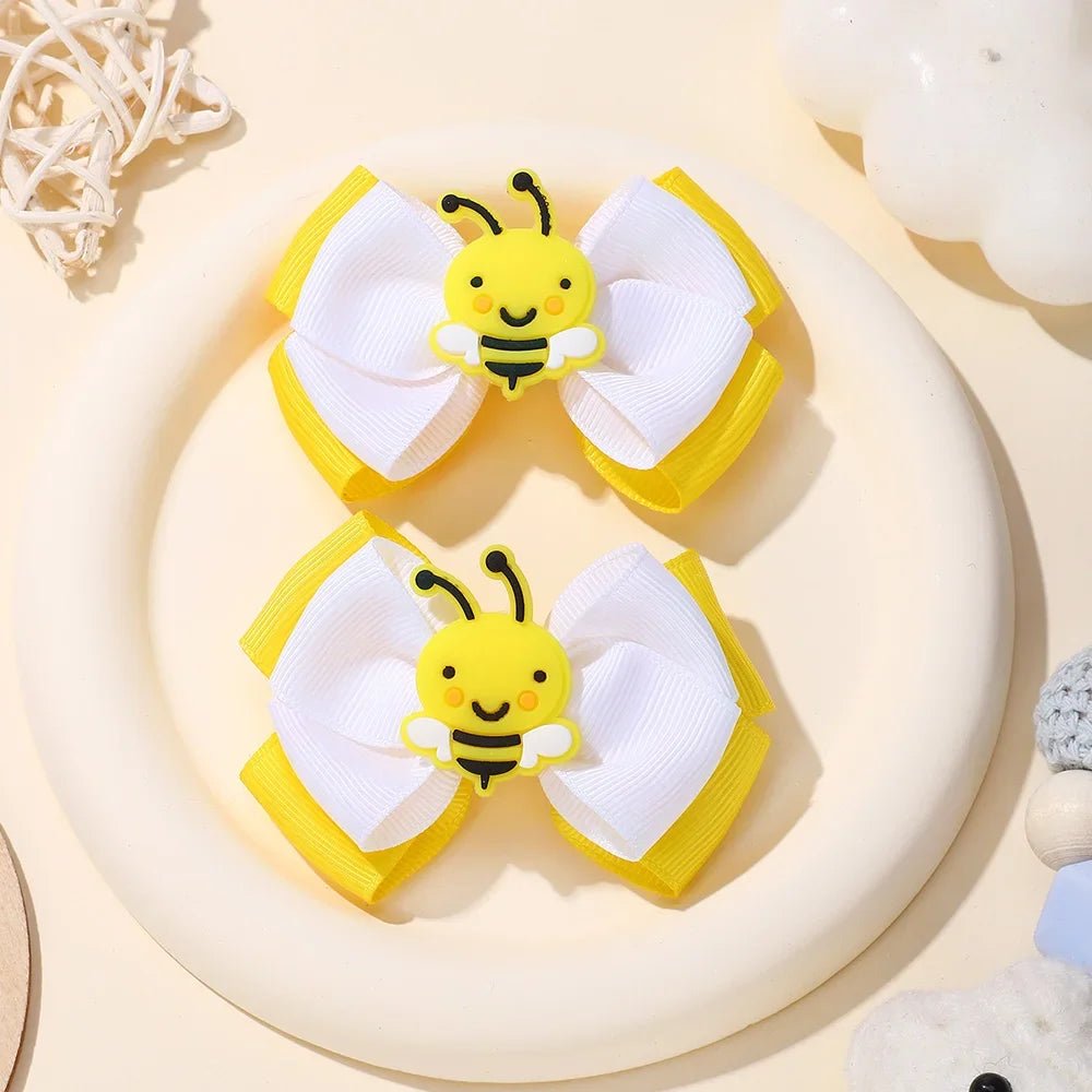2Pcs Bee Themed Hair Bow Clips for Kids Girls Double Layer Solid Ribbon Bows Hairpins Unique Barrettes Hair Accessories Headwear