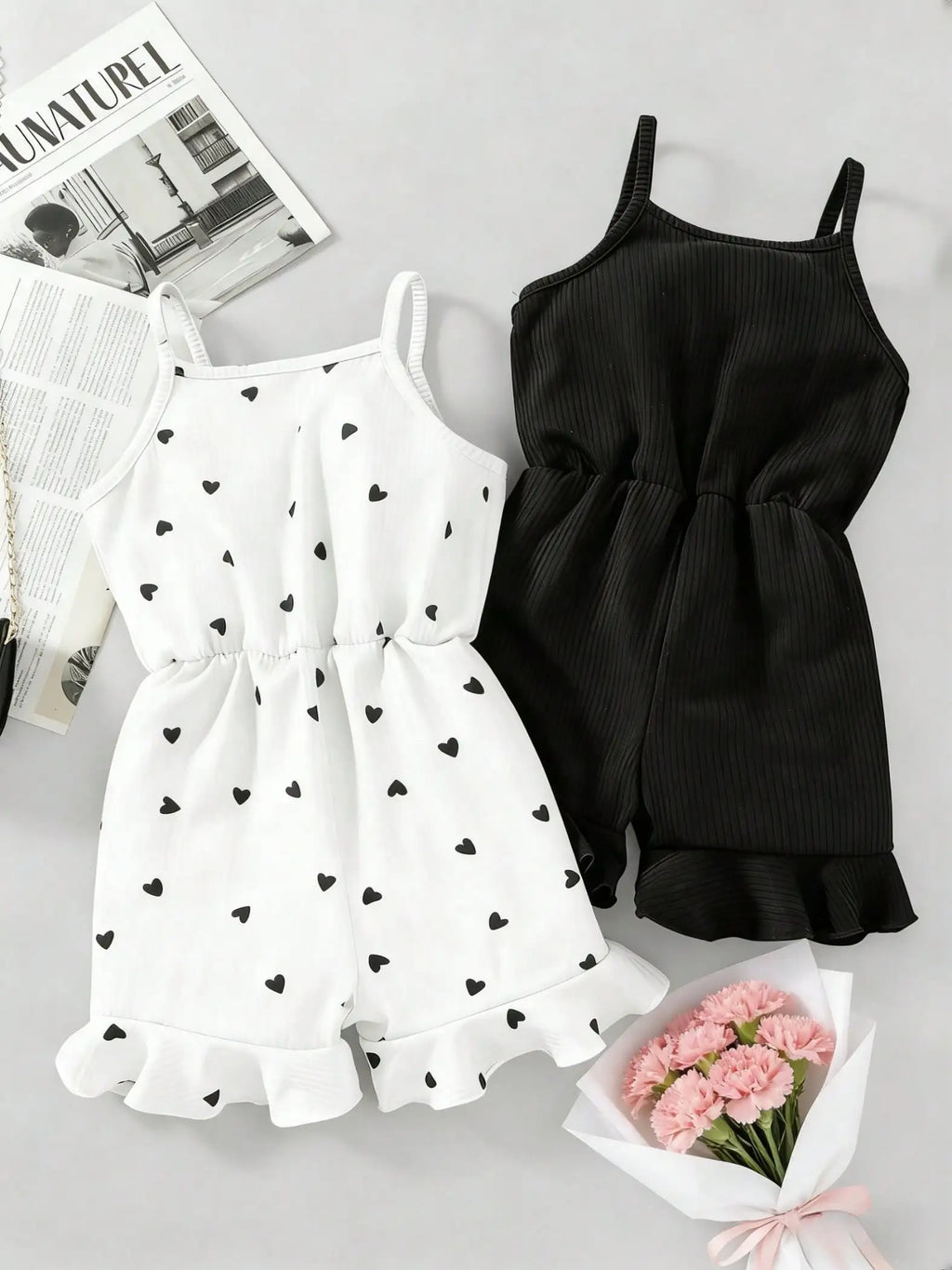 2pcs Girls Casual Summer Button up Heart-Shaped Camisole Jumpsuit Set Two Colors Suitable for Outdoor Travel
