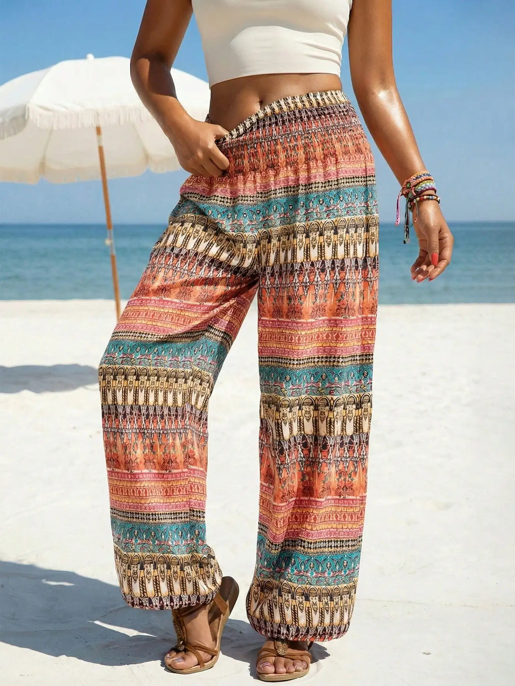 Women's Summer Bohemian Ethnic Print Elastic Waist Loose Fit Dress Capris for Beach