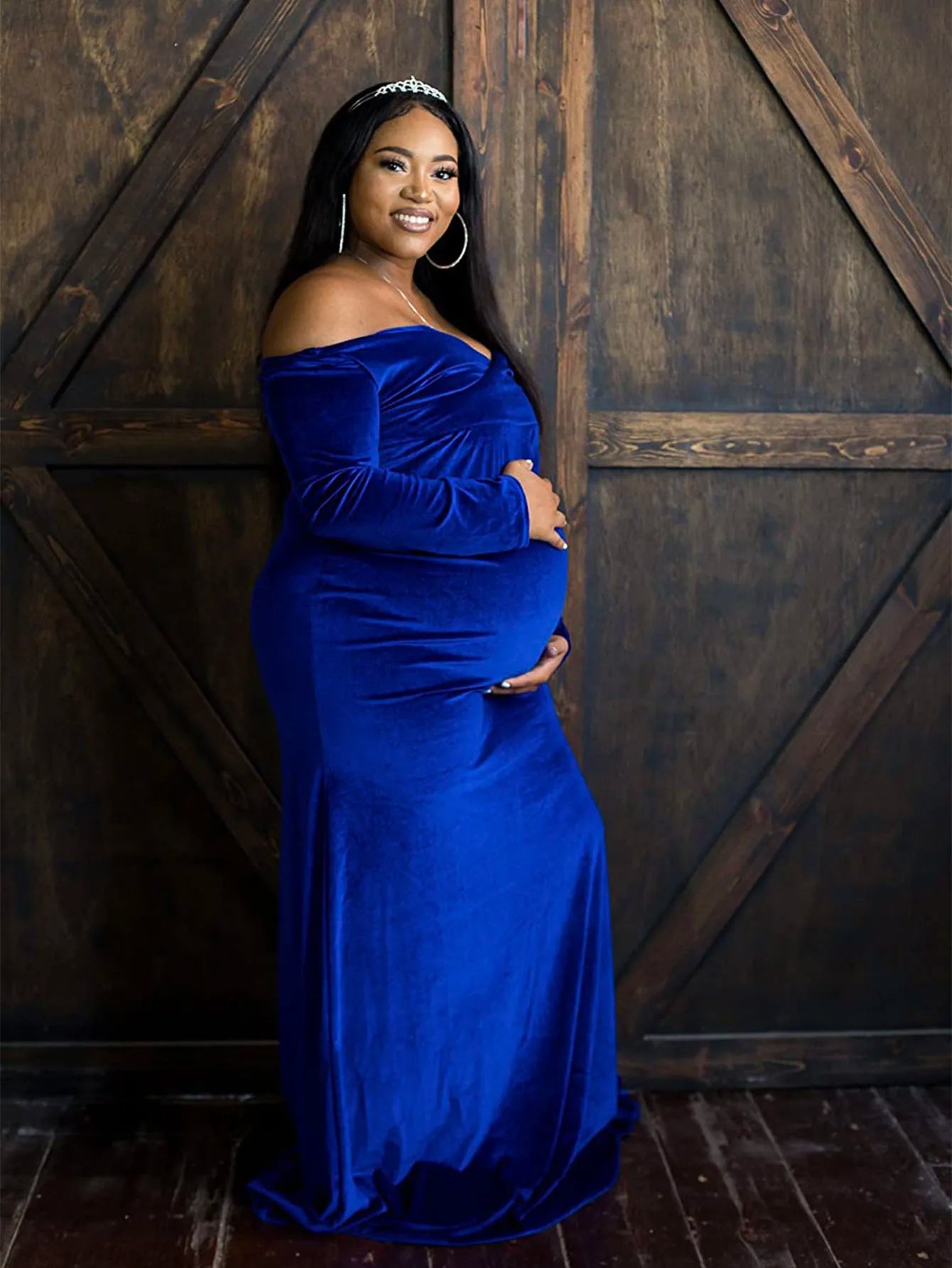 Velvet Maternity Off Shoulder Trailing Fitted Gown Maxi Photography Dress for Baby Shower Photo Props Dress