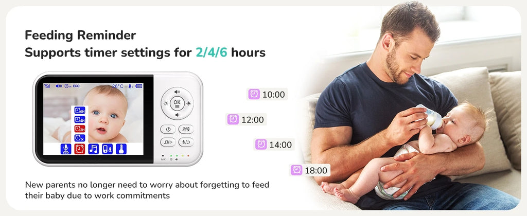 Baby Monitor with Camera and Night Vision 3.2 Inch Screen 2-Way Audio Temperature Sensor 2X Zoom Lullabies Feeding Reminder 22H