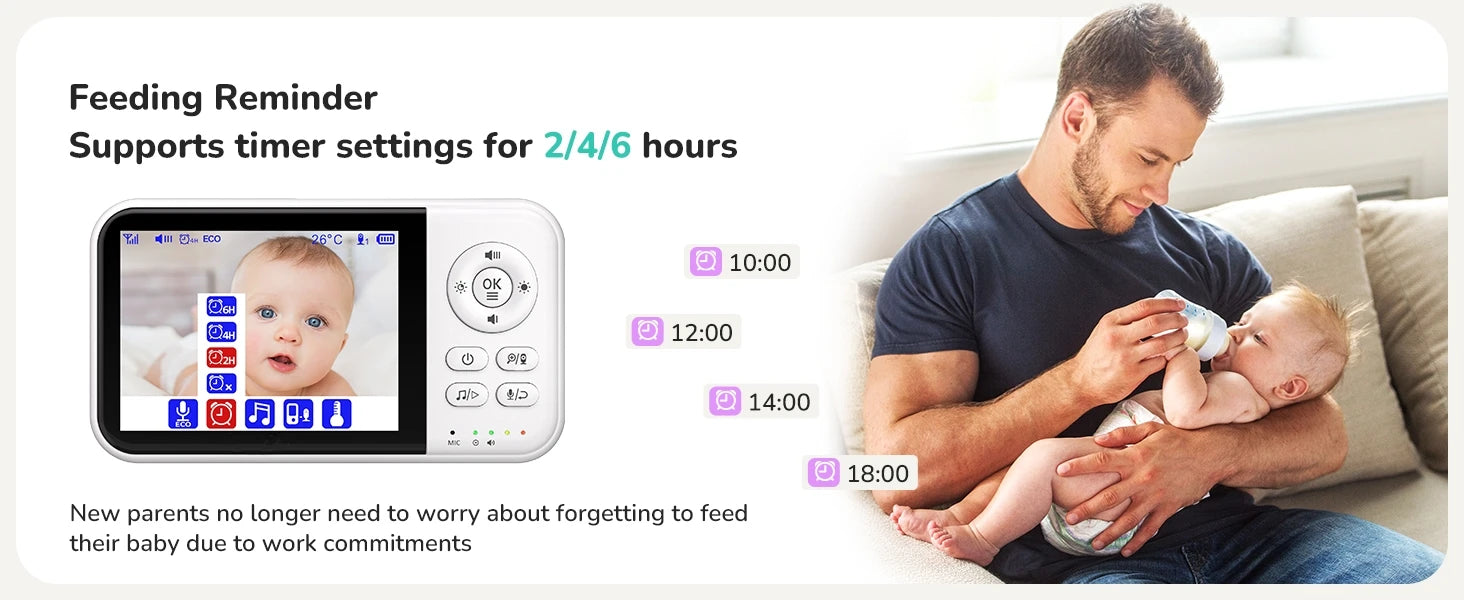 Baby Monitor with Camera and Night Vision 3.2 Inch Screen 2-Way Audio Temperature Sensor 2X Zoom Lullabies Feeding Reminder 22H