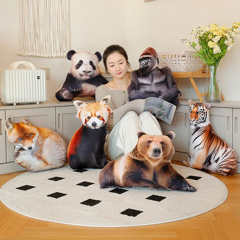 1pc 3D Simulated Forest Animal Throw Pillow Stuffed Lifelike Lion Fox Raccoon Zebra Tiger Sofa Bedroom Cushion Home Decor Kid Bi