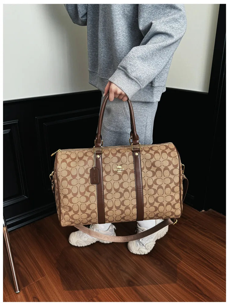 Classic Vintage Monogram Travel Duffle Bag, Trendy Versatile Overnight Weekender Bag with Top Handles & Adjustable Strap