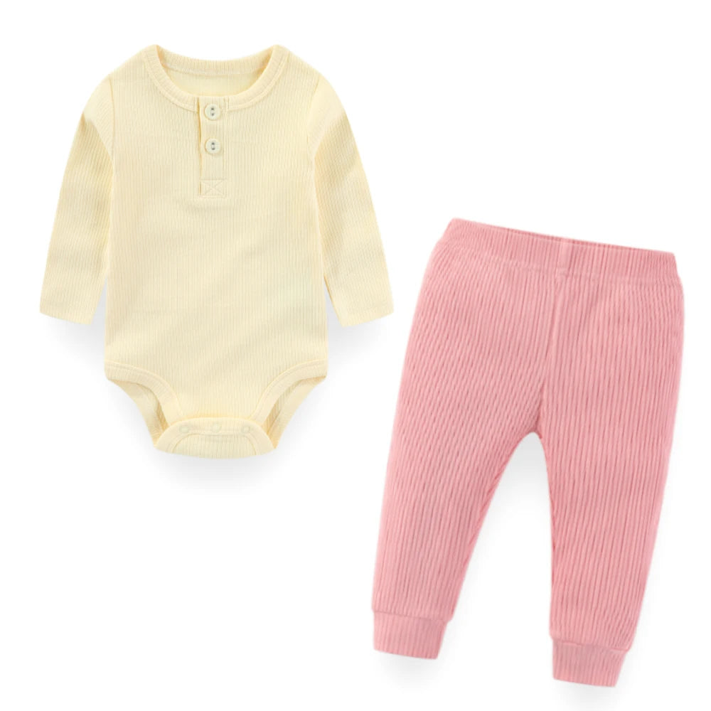 Unisex Baby Pure Color Outfit Two Piece Set Long Sleeve Bodysuits and Pants 0 to 24 Months