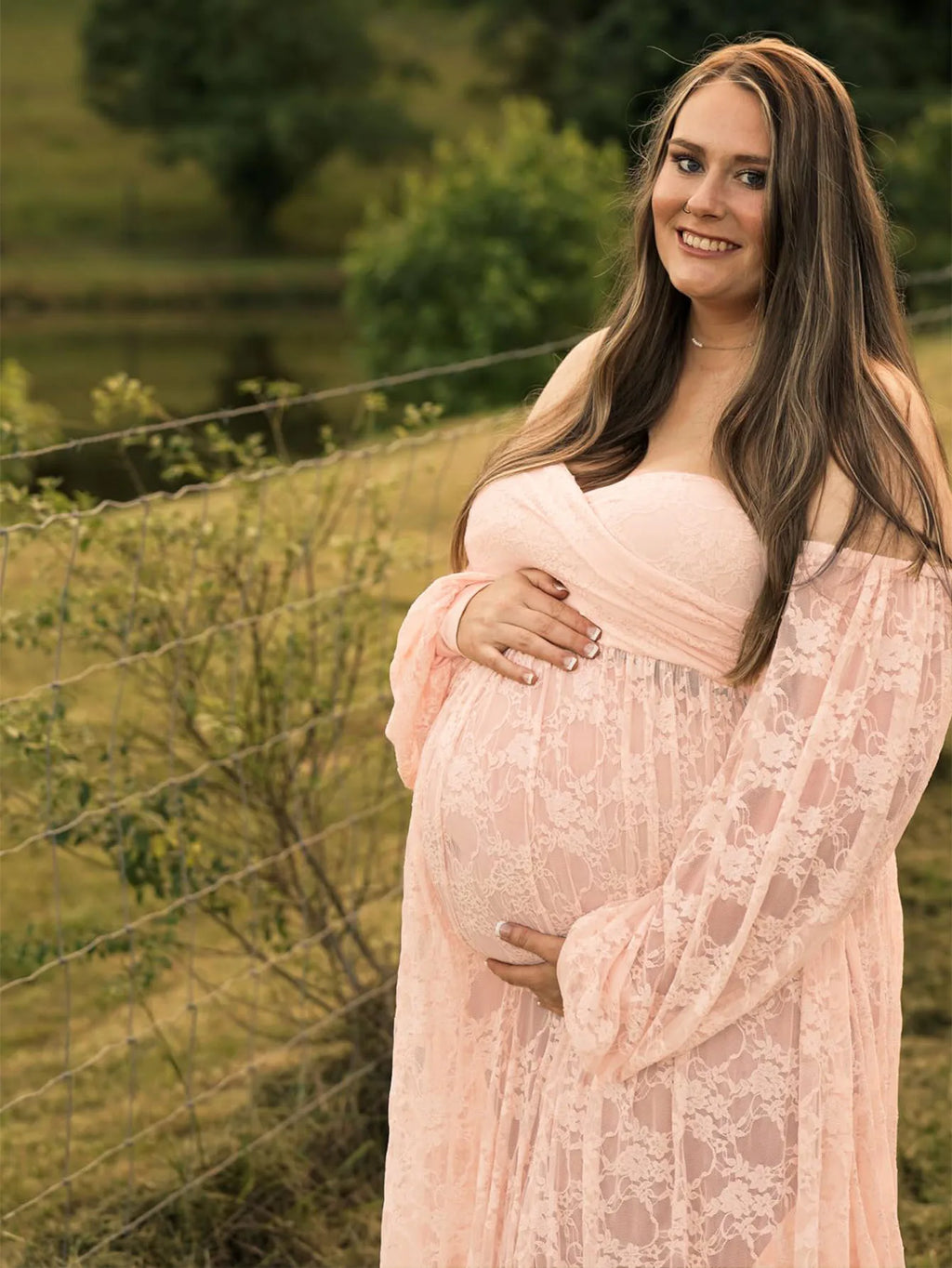 Maternity Dress Soft Stretchy Lace Off Shoulder Doubly Split A line Skirt Pregnancy Maxi Gown for Photoshoot