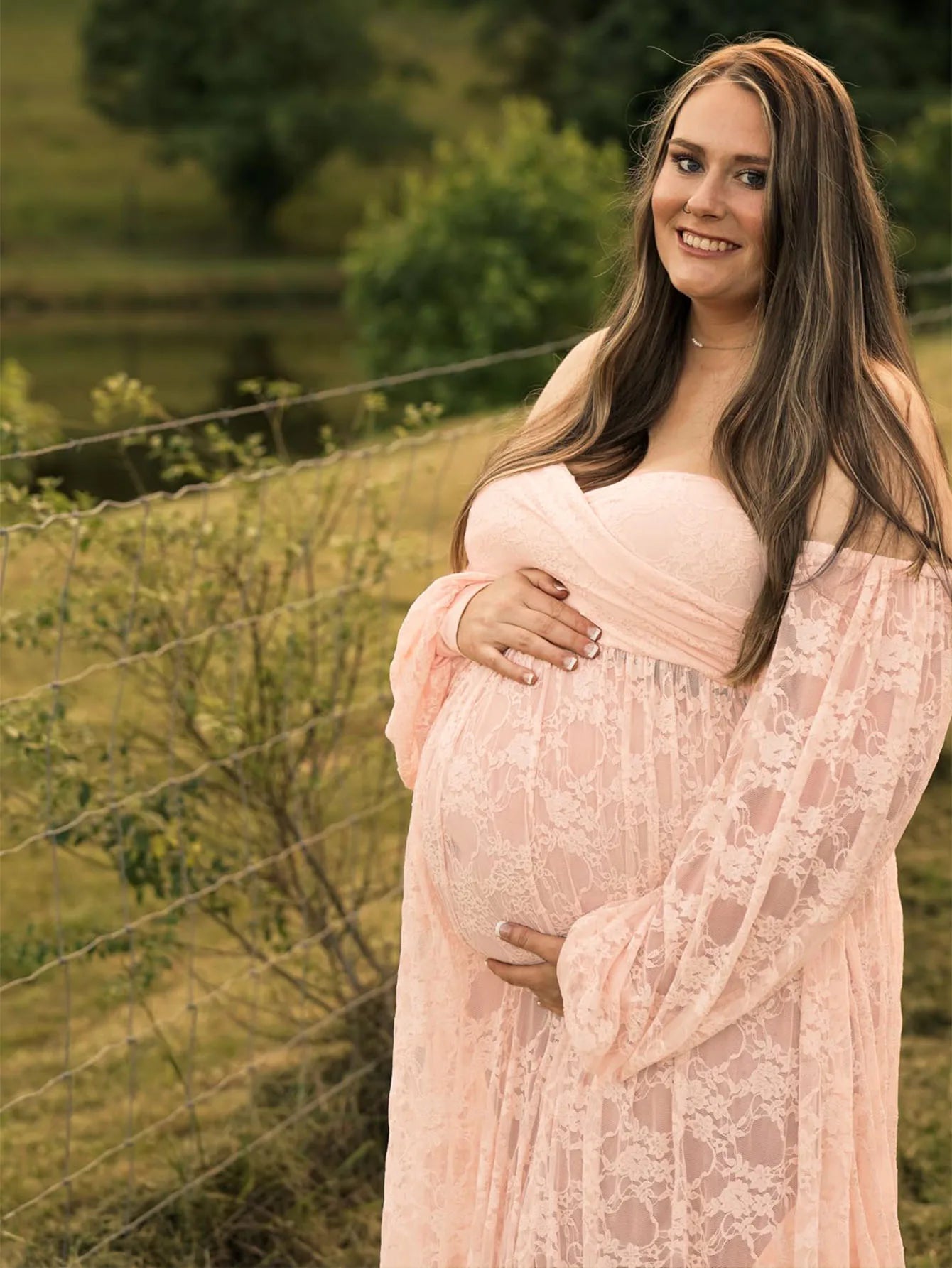 Maternity Dress Soft Stretchy Lace Off Shoulder Doubly Split A line Skirt Pregnancy Maxi Gown for Photoshoot