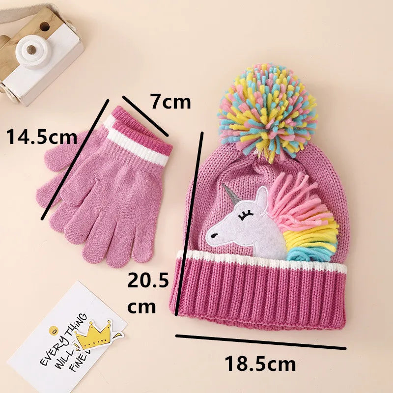 Cross-Border In-Stock Children's Cartoon Unicorn Knitted Hat and Gloves Two-Piece Set Winter Girls' Warm Knitted Hat Set