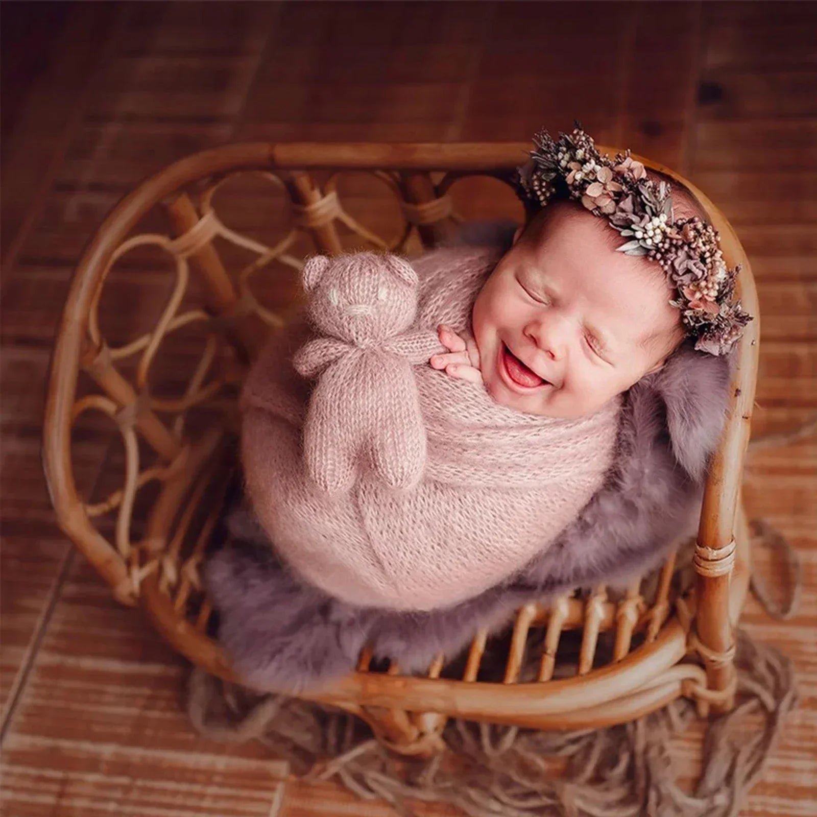Handmade Baby Bamboo Bench & Bed + Rattan Basket Newborn Photography Props Container for Infant Posing Baby Studio Shooting Use