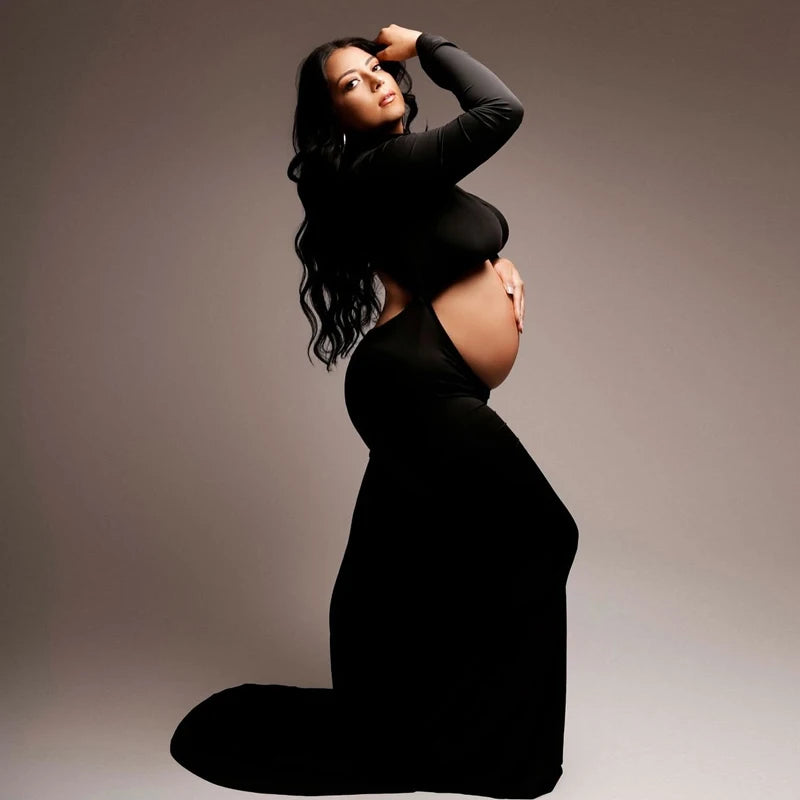 Pregnancy Dress Photography Props Maxi Gown Turtleneck Full Sleeve Cut Out Belly Bodycon Maternity PhotoShoot For Baby Shower