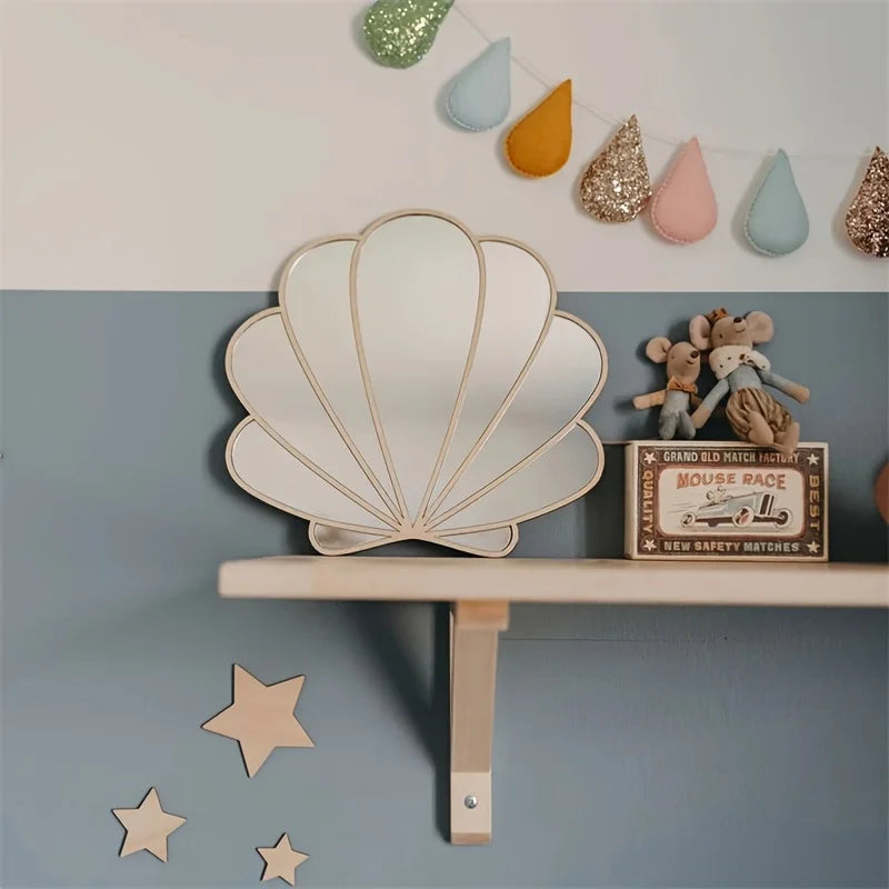 Scandinavian Wooden Shell Mirror - Anti-Shatter Silver Wall Decor