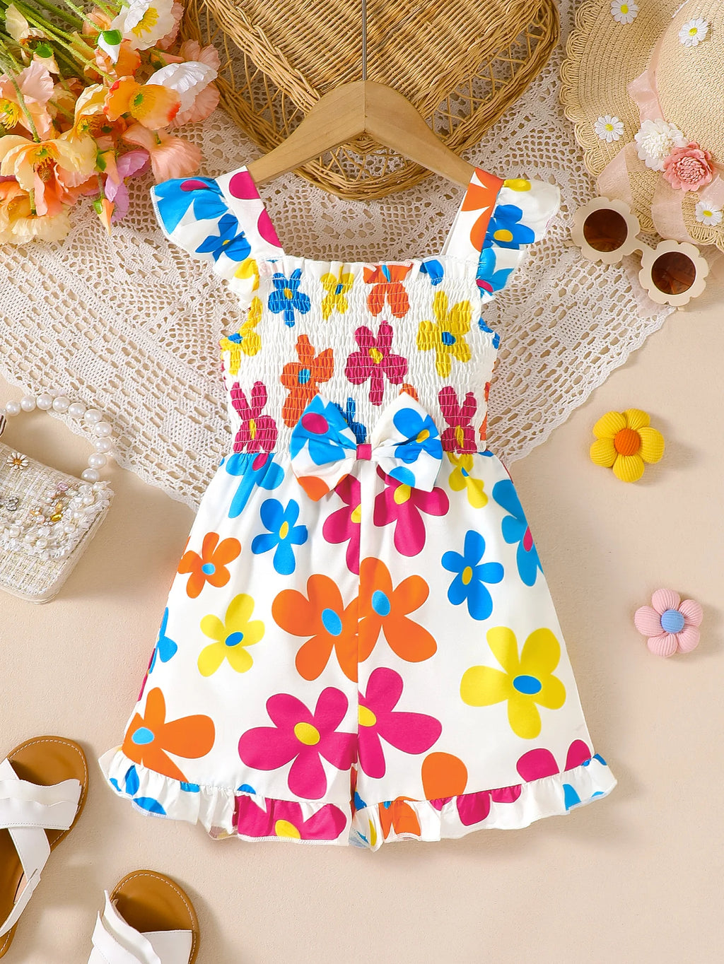 Girls Floral Print Jumpsuit with Puffy Sleeves And Butterfly Knot Lace Hem for Summer Outdoor Scenarios