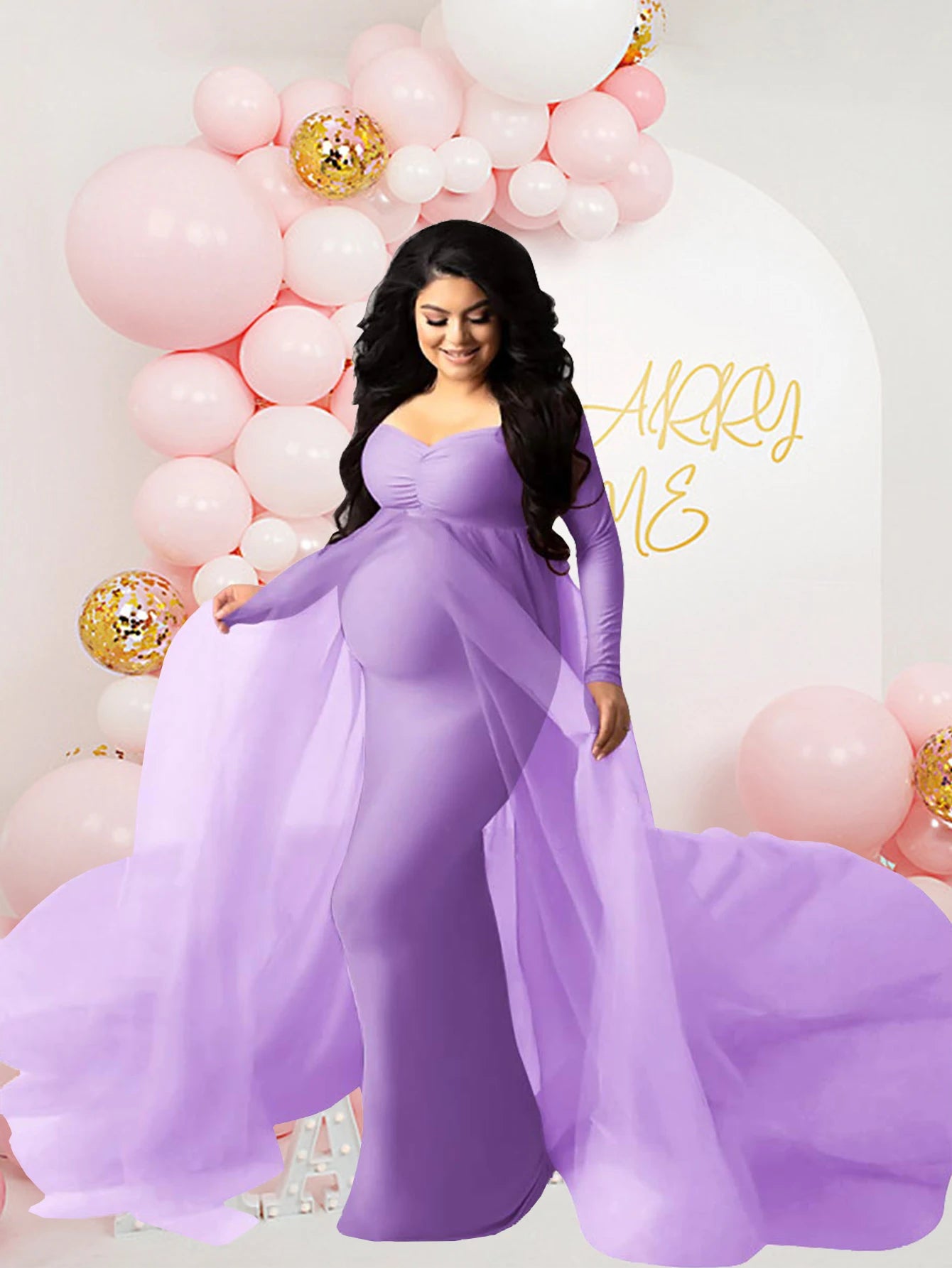 Maternity Long Sleeves Mesh Dress With Floor Length Train For Photo Shoot And Baby Baptism Party
