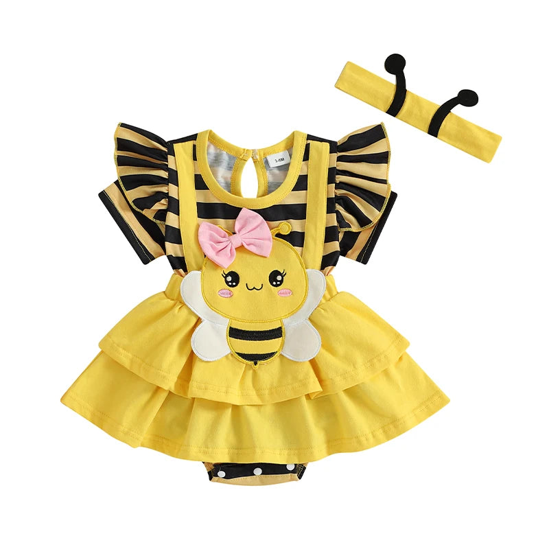 0-18M Newborn Baby Girl Romper Dress Summer Short Sleeve Striped Bee Pattern Tierred Bodysuit with Headband Cute Infant Clothes