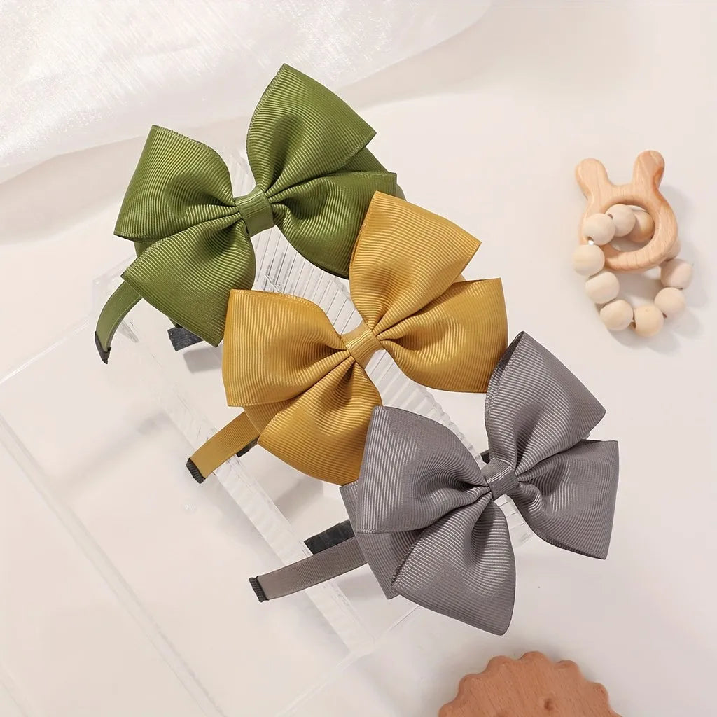 Kids Ribbon Bow Headband Hair Hoop Set for Girls Festive Solid Color Hair Accessories