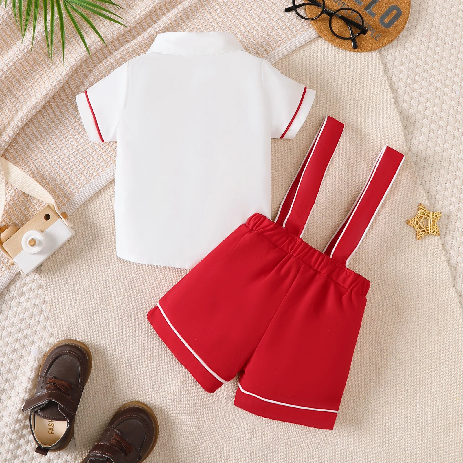 2Pcs Baby Boys' College Style Set with Bow Edge Binding Shirt Strap Shorts Set for 0-3 Year Old Baby Boys' Summer Party Set