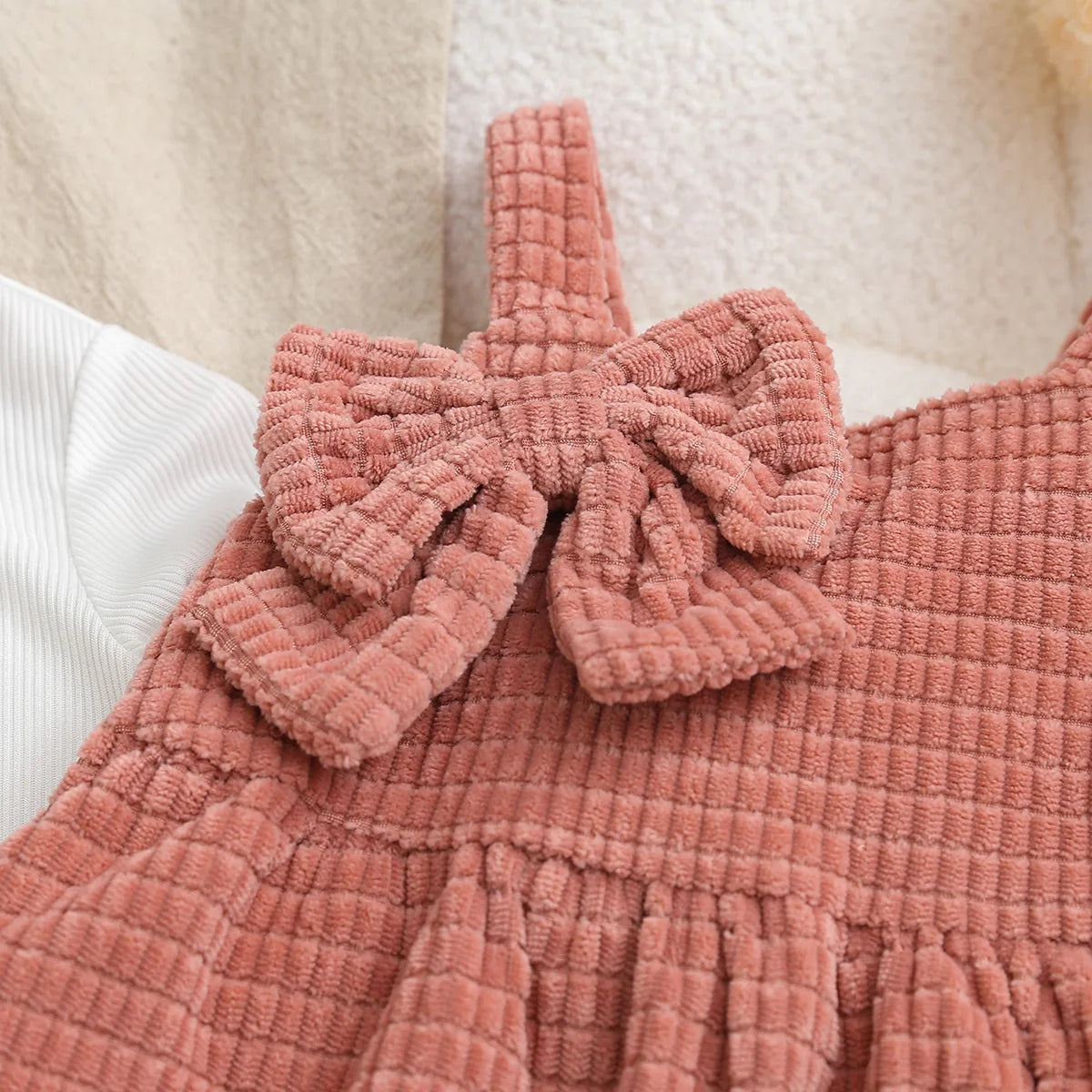 Baby Girl Spring Autumn Outfit White Long Sleeve Base Shirt + Bean Paste Pink Texture Plaid Butterfly Knot Halter Dress Two-Piec