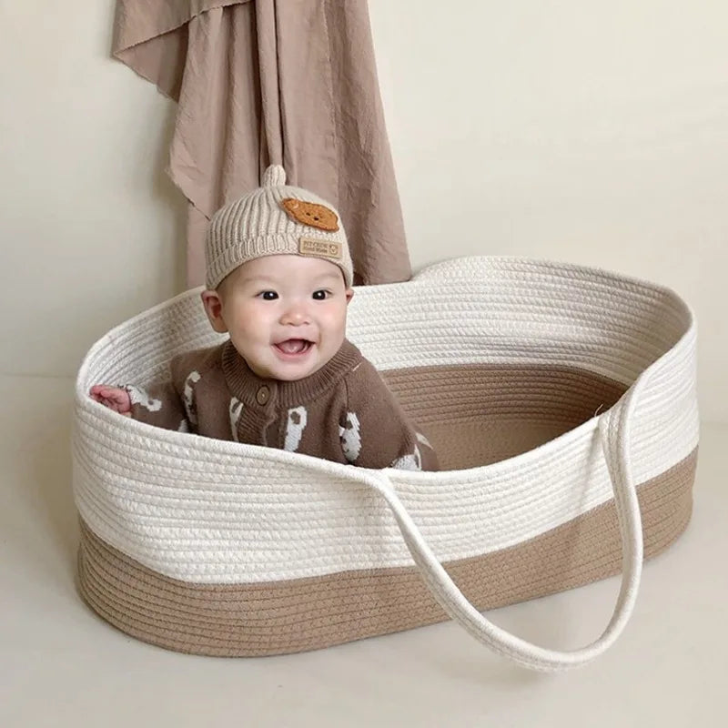 Organic Cotton Baby Cradle with Rocking Base – Portable Handheld Bassinet & Storage Basket for Newborns and Toddler Dolls