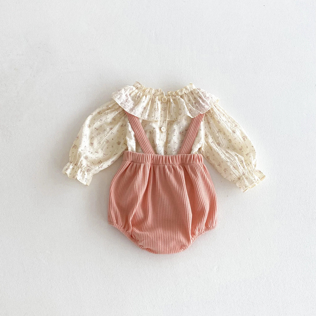 Spring and Autumn New Style Girls' baby Lace-Trim Sweet and Stylish Floral Top with Overalls Two-Piece Set
