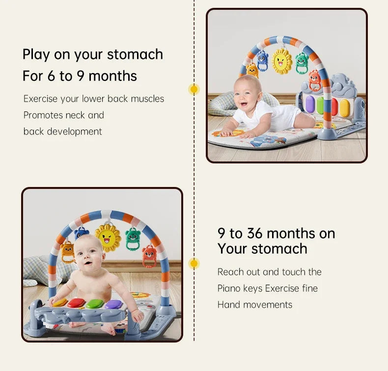 Baby Activity Play Mat with Music & Lights, 5 Detachable Sensory Toys Kick Piano Mat, Tummy Time Game Playmat