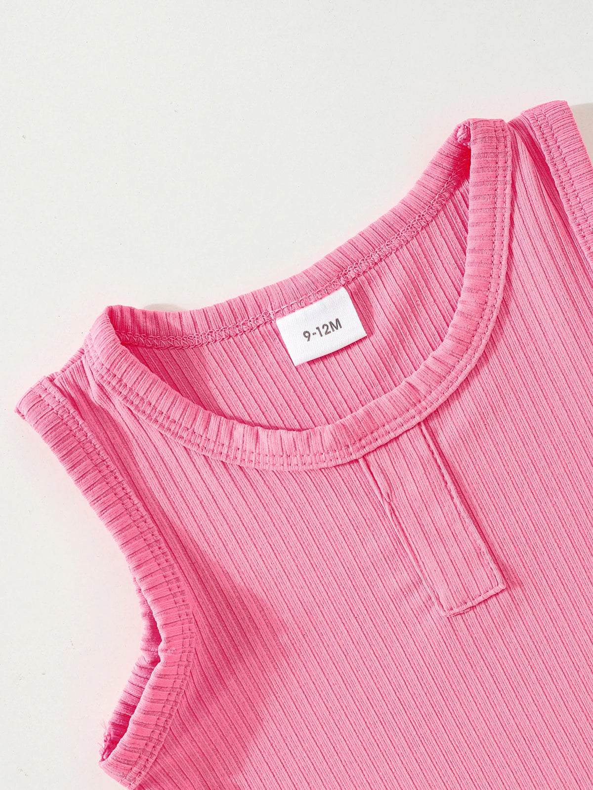 2pcs Summer Baby Girls Ribbed Tank Top Set, 9-12M, Pink Sleeveless Top Bow Embroidered Frayed Hem Jeans, Casual Daily/Party We