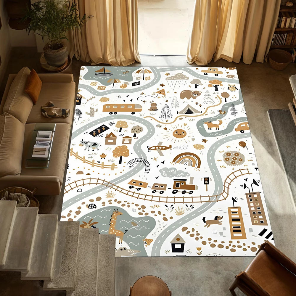 Kids Interactive Cartoon Animal Traffic Track Carpet Forest Theme Play Mat Easy Clean Rug Model A123 For Living Room
