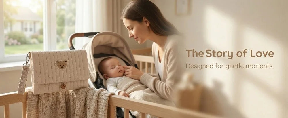 Cute Baby Hanging Diaper Bag Multi-Compartment Cotton Foldable Storage Pouch with Wipe Holder Detachable Strap