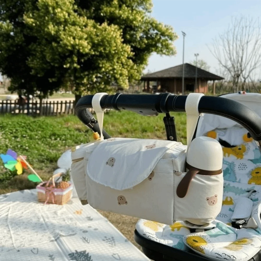 Cartoon Stroller Organizer Bag Bear Cloth Pram Storage Bag Large Capacity Multi Pocket Stroller Hanging Bag