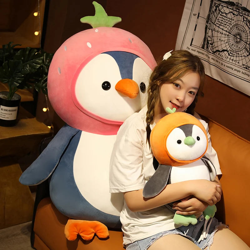 1PC Cartoon Penguin Plush Toys Kawaii Soft Doll Dress up Strawberry Orange Kids Plushie Girls Gift