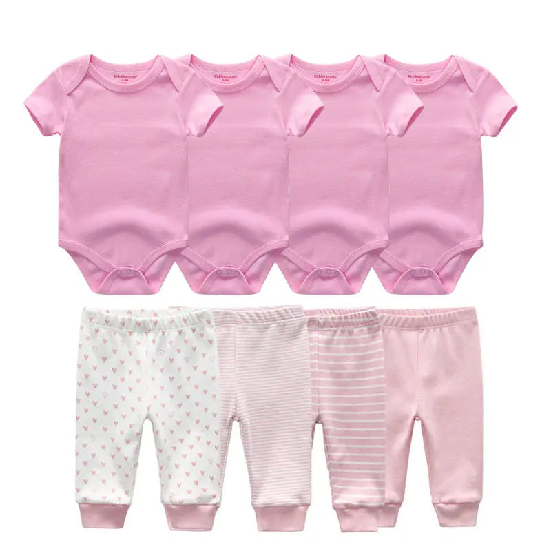 8-Piece Cartoon Baby Bodysuits and Pants Cotton Newborn Unisex Short Sleeve Onesies Trousers 0-12 Months
