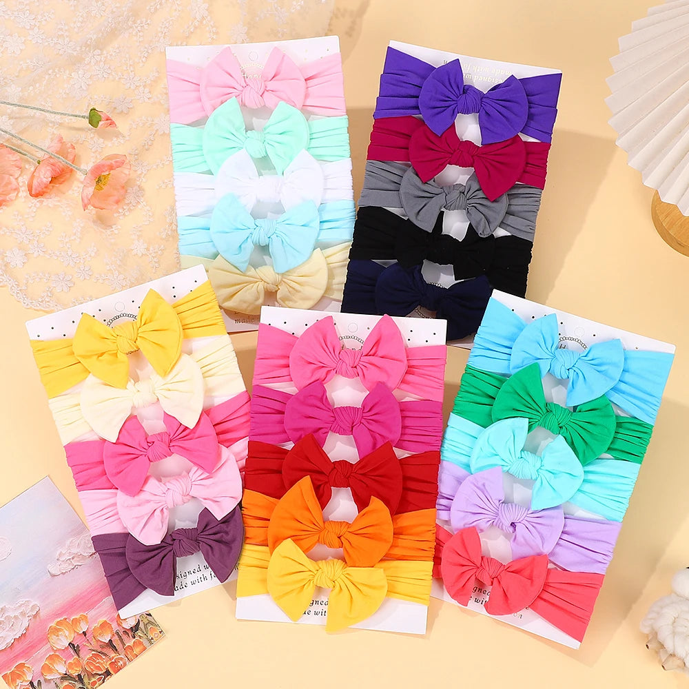 5Pcs/lot Bright Nylon Solid Color Baby Headband Set 3.5inch Bowknot Casual Headties Soft and Non Damaging To Hair