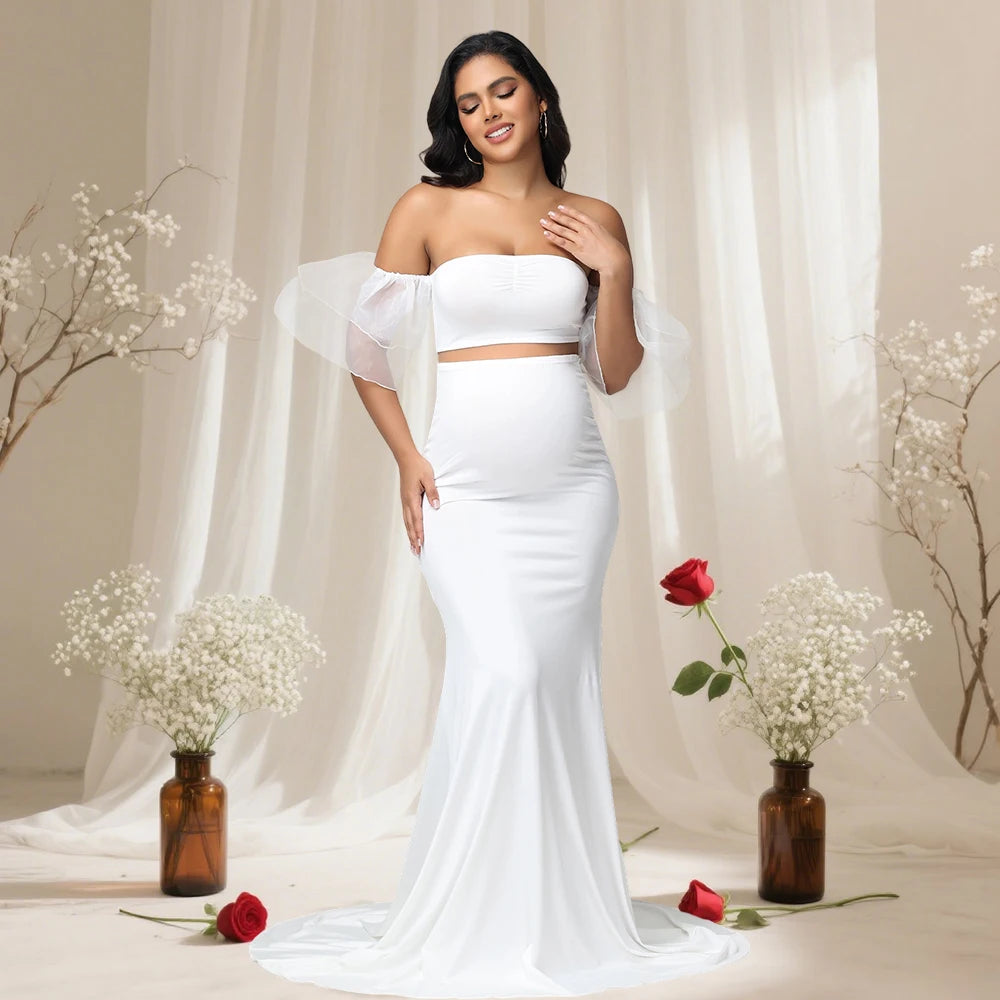 Maternity Ouifits 2Pcs Organza Sleeves Tube Top and Mermaid Hem Maxi Dress for Baby Shower Photoshoot