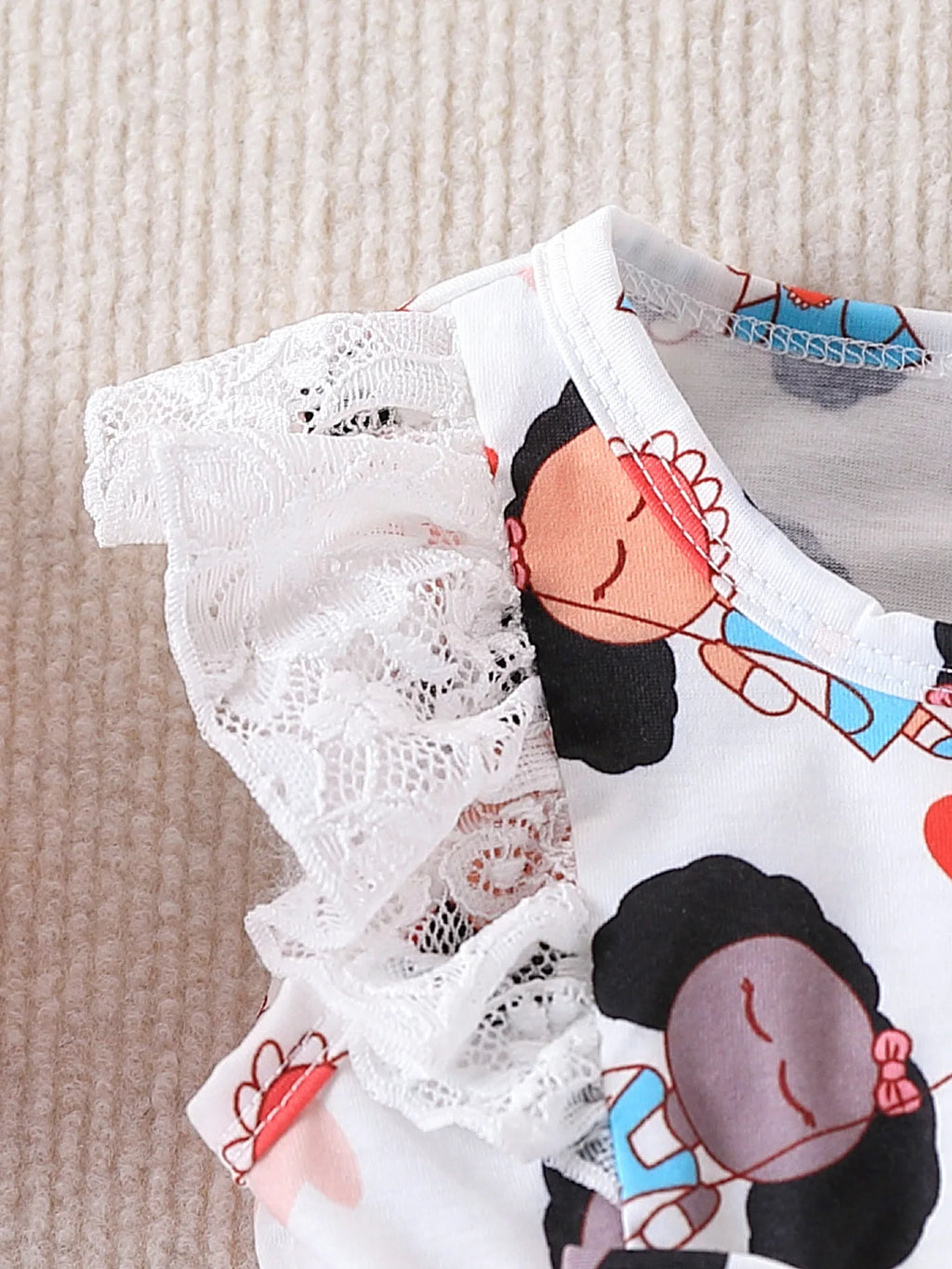 Summer Fashion Baby Girl Full Body Printed Lace Vest Dress with Bow Decoration round Neck Lace Decoration