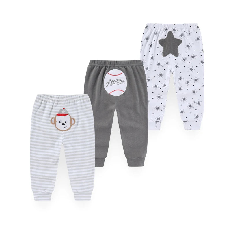 Kiddiezoom 3Pcs Lot Unisex Four Seasons Cartoon 100 Percent Cotton Baby Pants Soft Infant Trousers