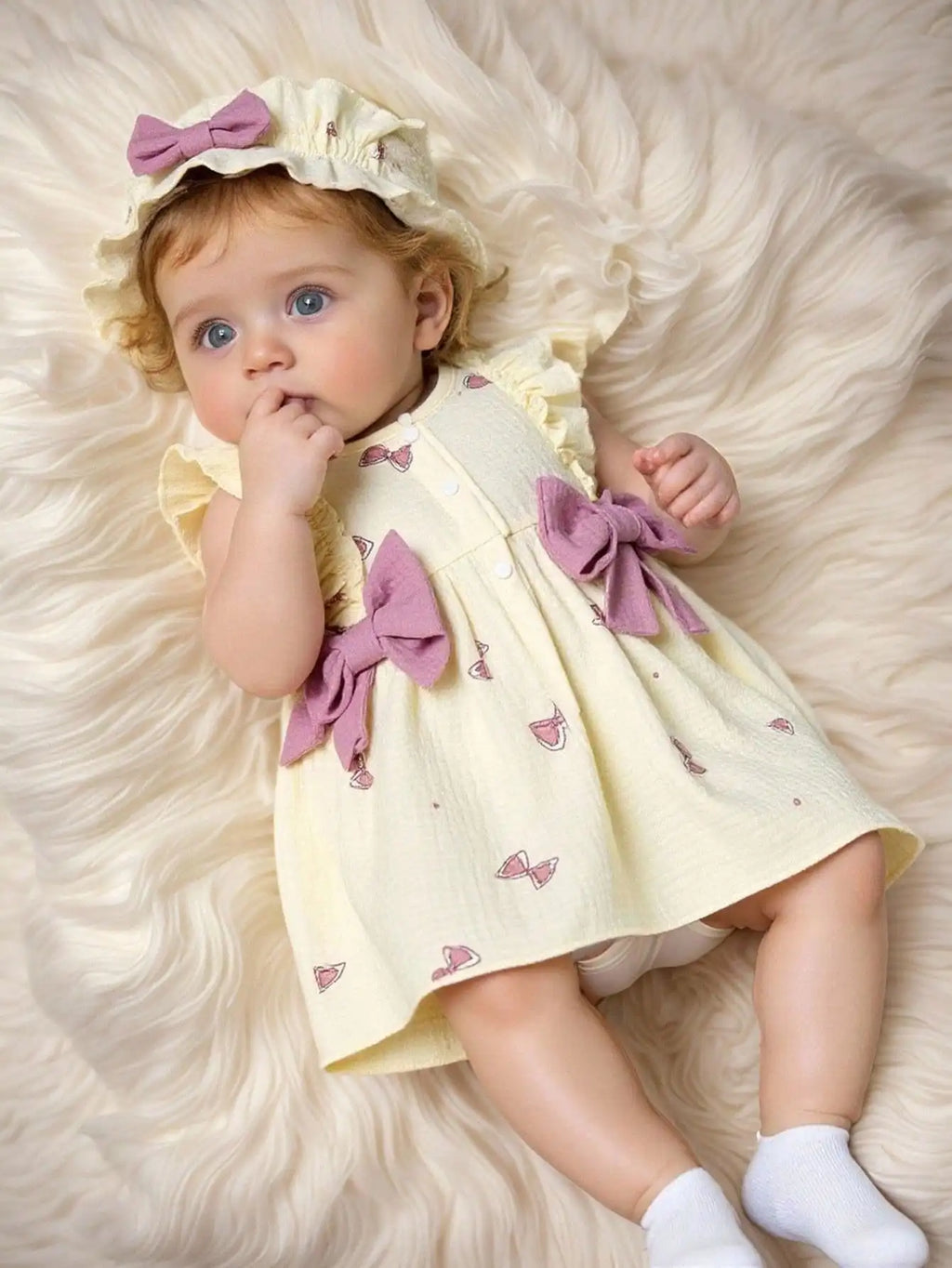 2Pcs Baby girl Dress Round neck Bow print Ruffle Edge Dress+Hat Set suitable for Giving to 0-9 Month Baby girl Newborn Dress