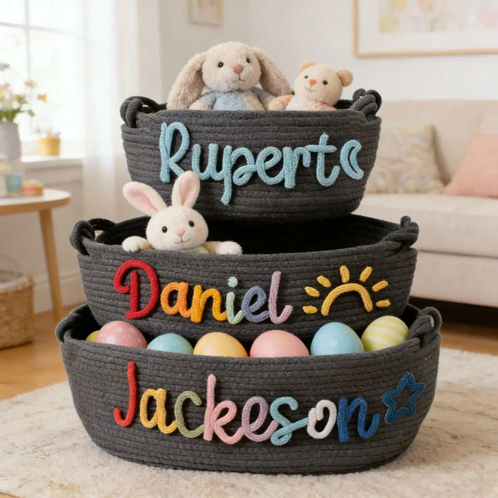 Personalized Woven Storage Basket with Letter – Custom Star Sun Moon Gift Basket