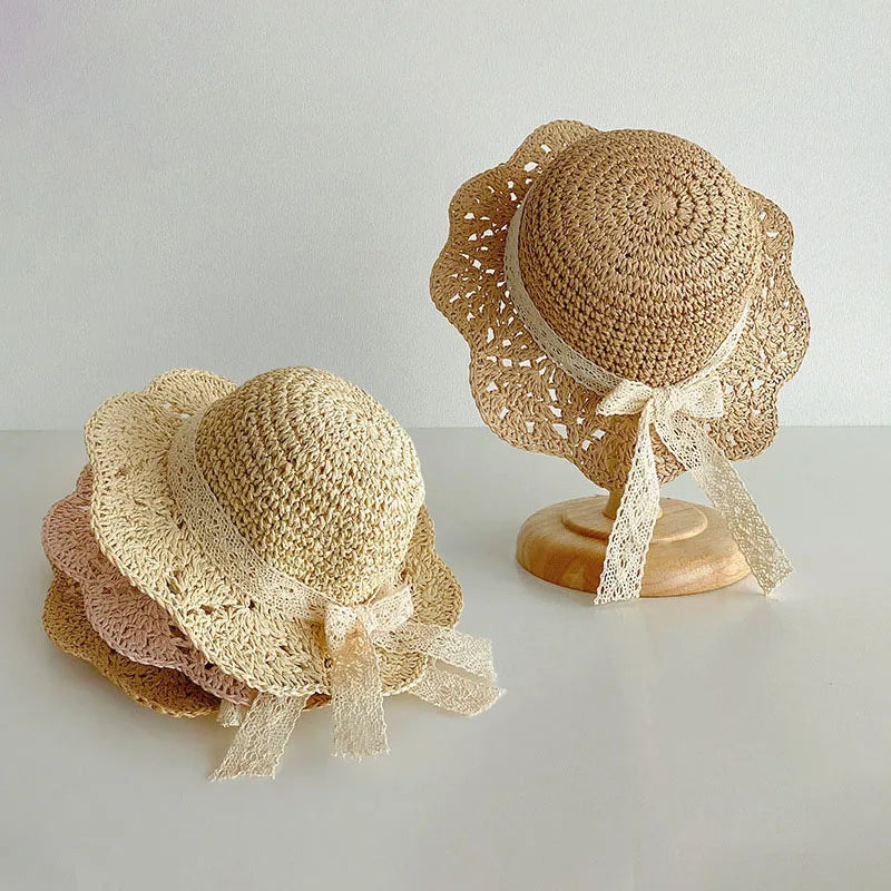 Lace Bow Girl Straw Hat Baby Summer Sun Hats Travel Beach Kids Large Brim Fisherman Cap 2-5Year Children Sunscreen Bucket Caps