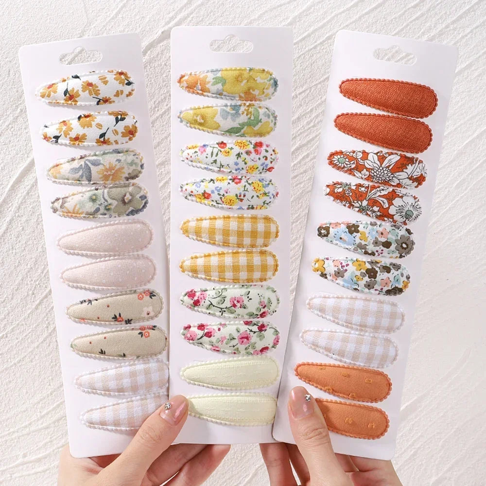 10pcs/set Baby Kids Fresh Print Cotton Alloy Hair Clips Fabric Plaid BB Hairpins Toddler Hairgrips Headwear Hair Accessories