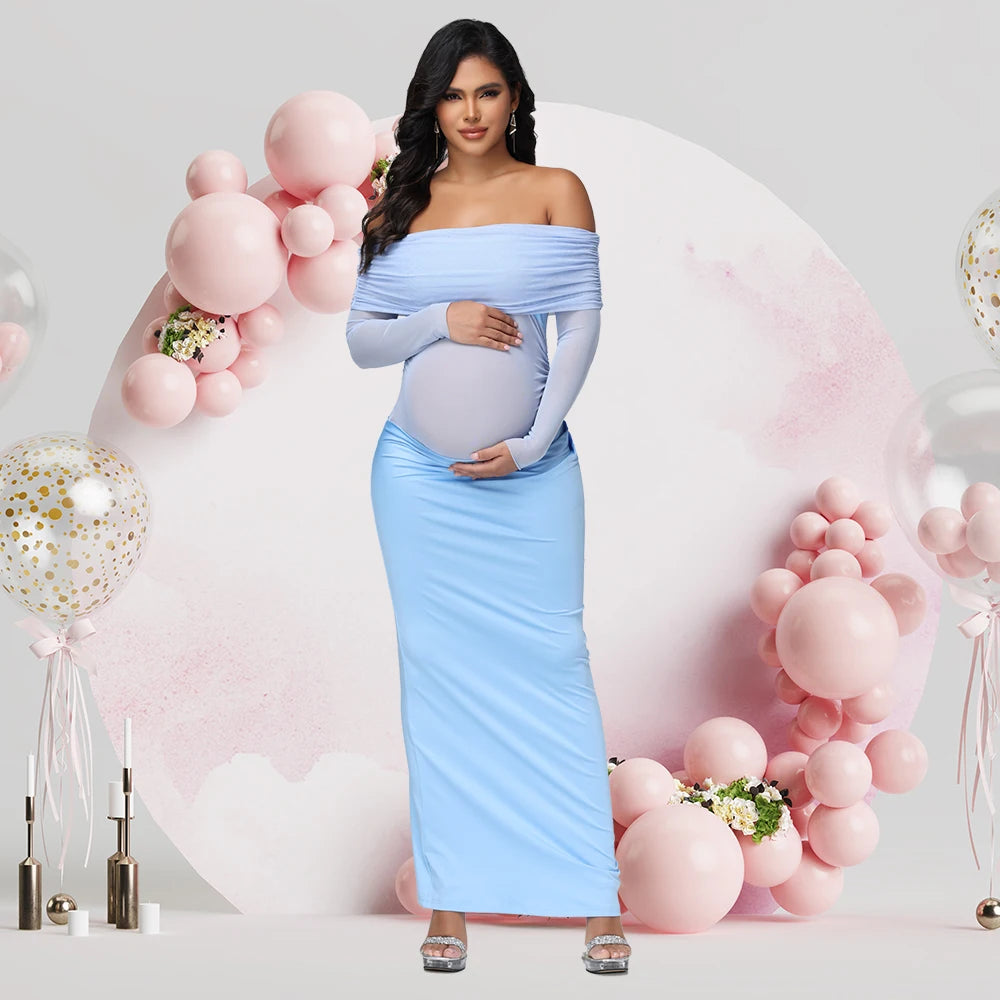 Maternity Long Sleeves off Shoulder Photoshoot Dress Mesh Exposed Belly Women Pregnancy Photography Gown for Baby Shower
