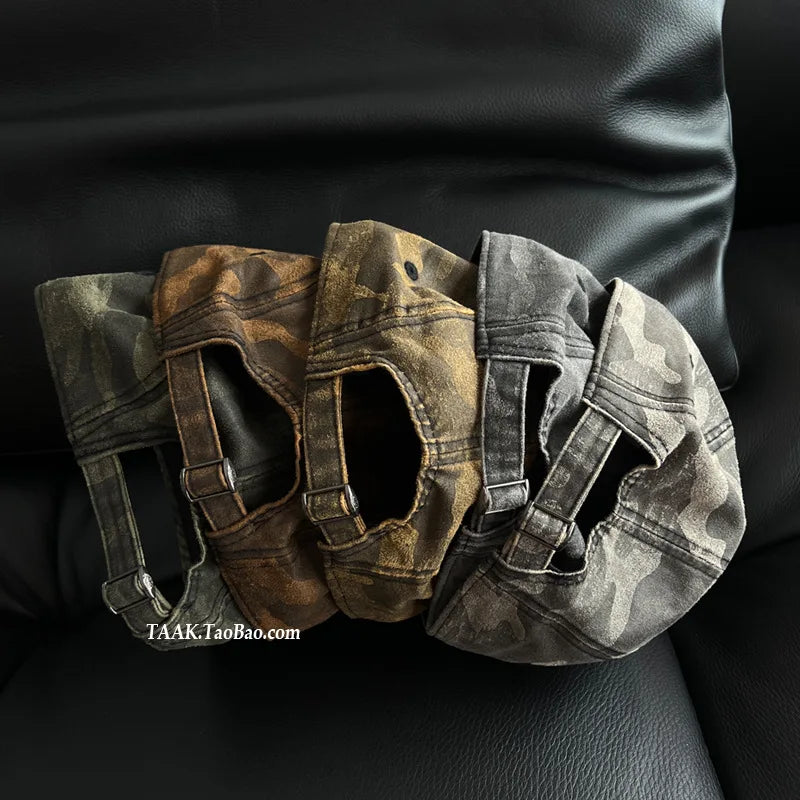 American Retro Washed Camouflage Tactical Short Brim  for Women Summer Workwear Short Brim Street Flip Brim Baseball Cap