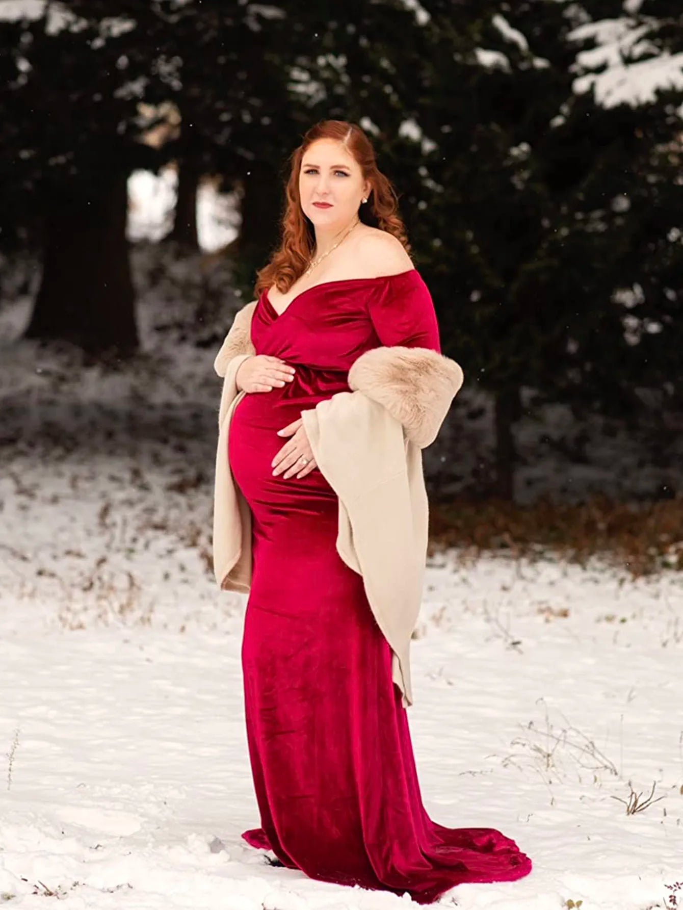 Velvet Maternity Off Shoulder Trailing Fitted Gown Maxi Photography Dress for Baby Shower Photo Props Dress