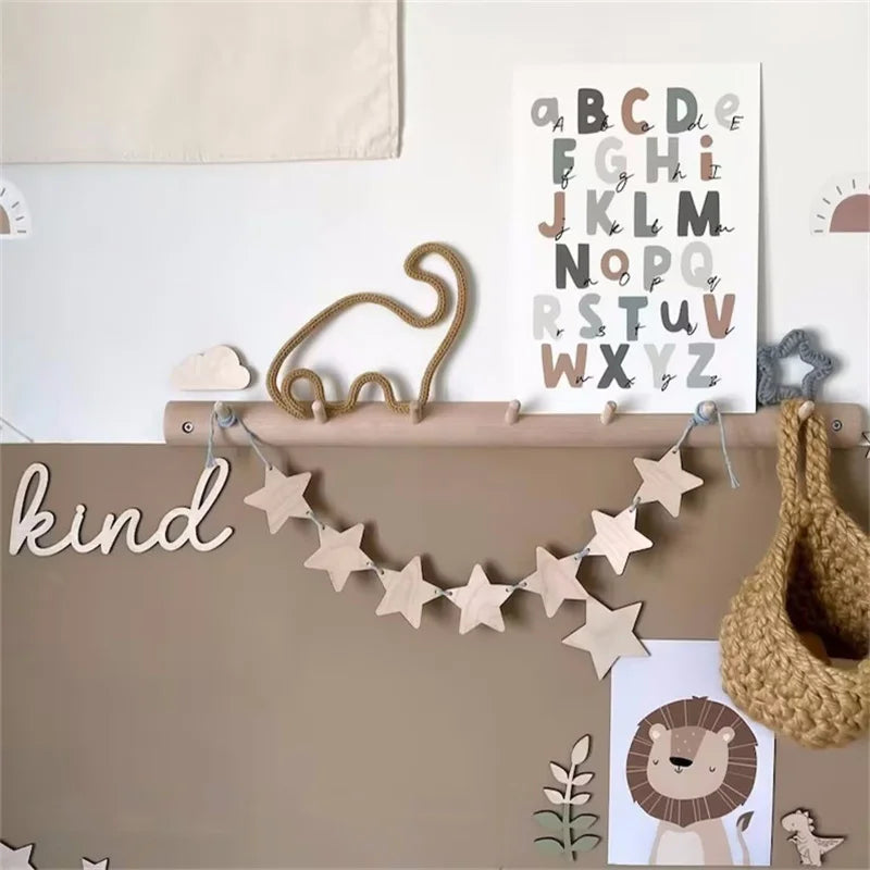 Ins Nordic Wooden Stars Garlands Wall Hanging Ornaments Home Room Pull Flag Children's Room Decoration Party Bunting Banner