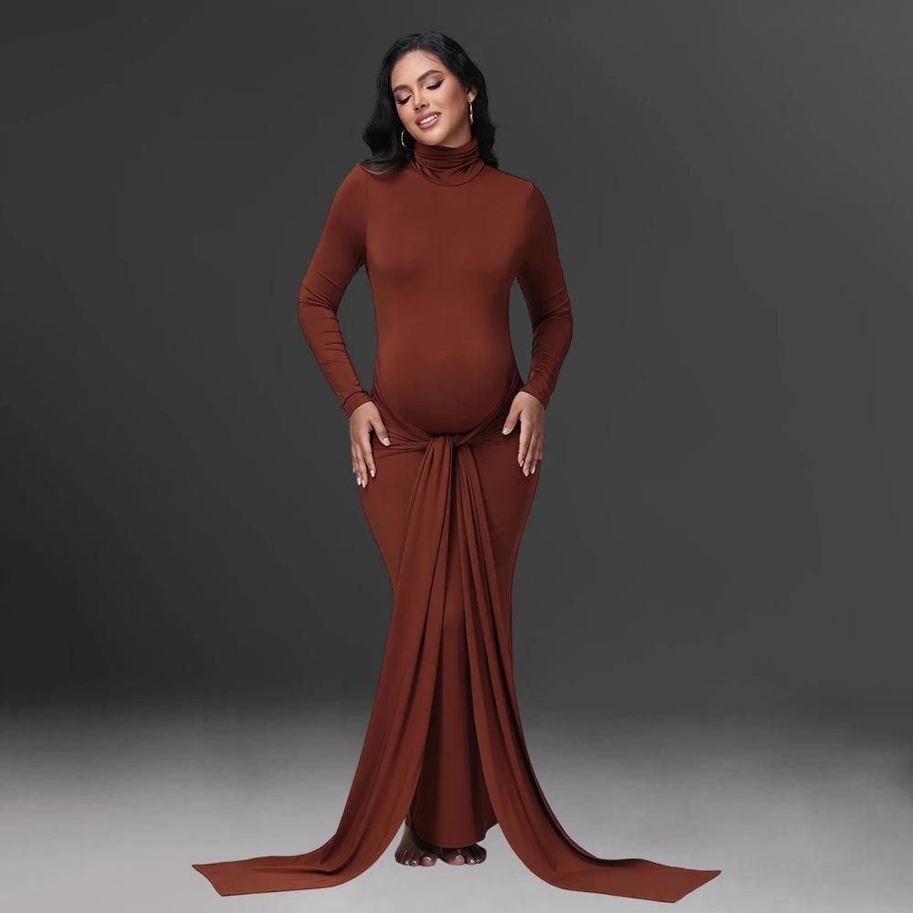 Maternity Long Sleeve Turtle Neck Maxi Photography Dress Solid Rouched Tie Gown for Photoshoot Baby Shower Party