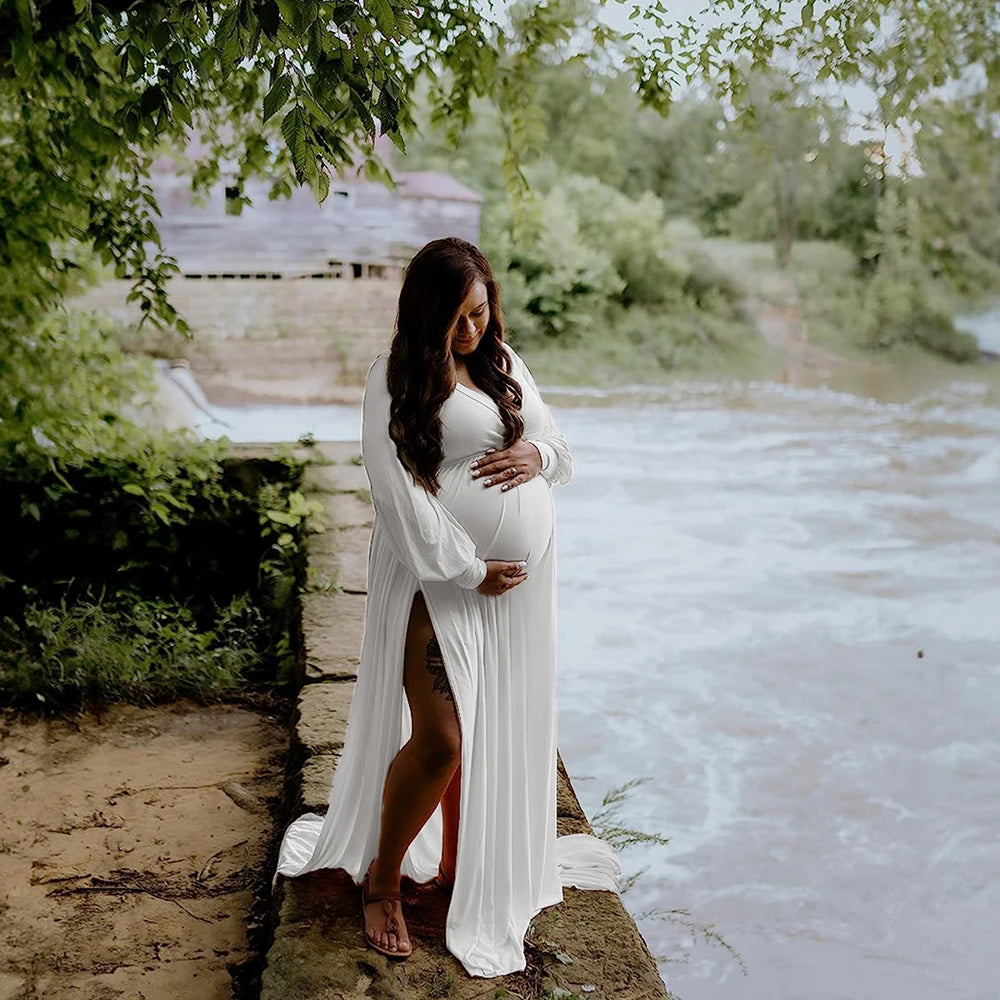 Maternity Photography Dresses Baby Shower Maxi Gown Lantern Sleeve V Neck Pregnancy Wrap Side Split Robe
